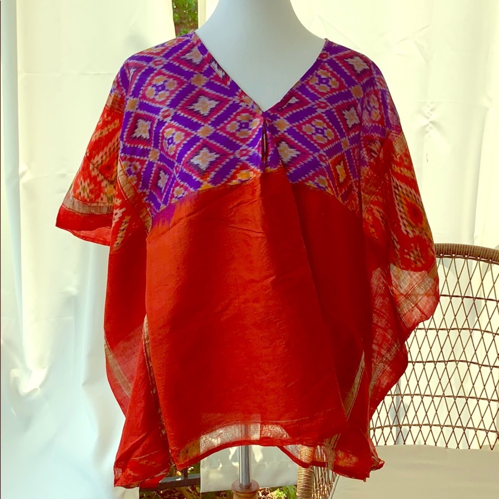 Vintage Sari tunic red blue gold  silk S
